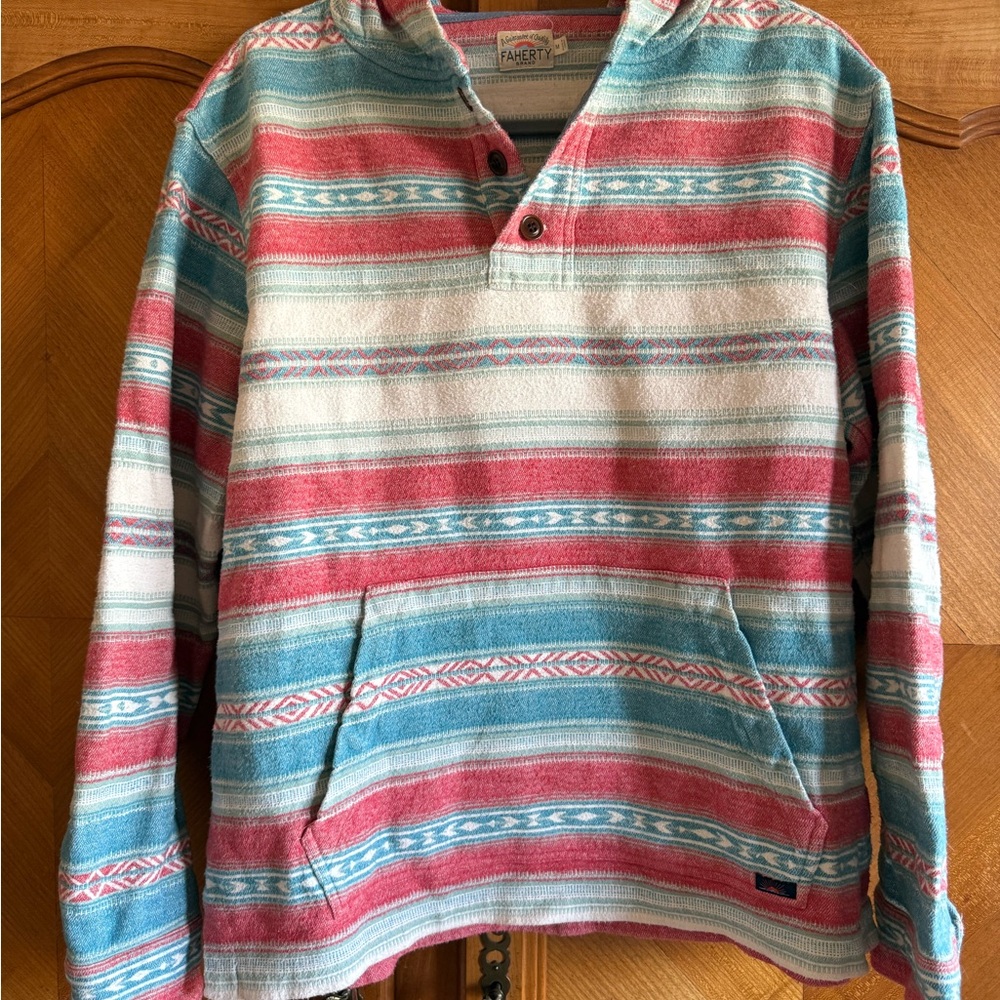 Faherty Striped Baja Hoodie in Coral, Teal & Cream